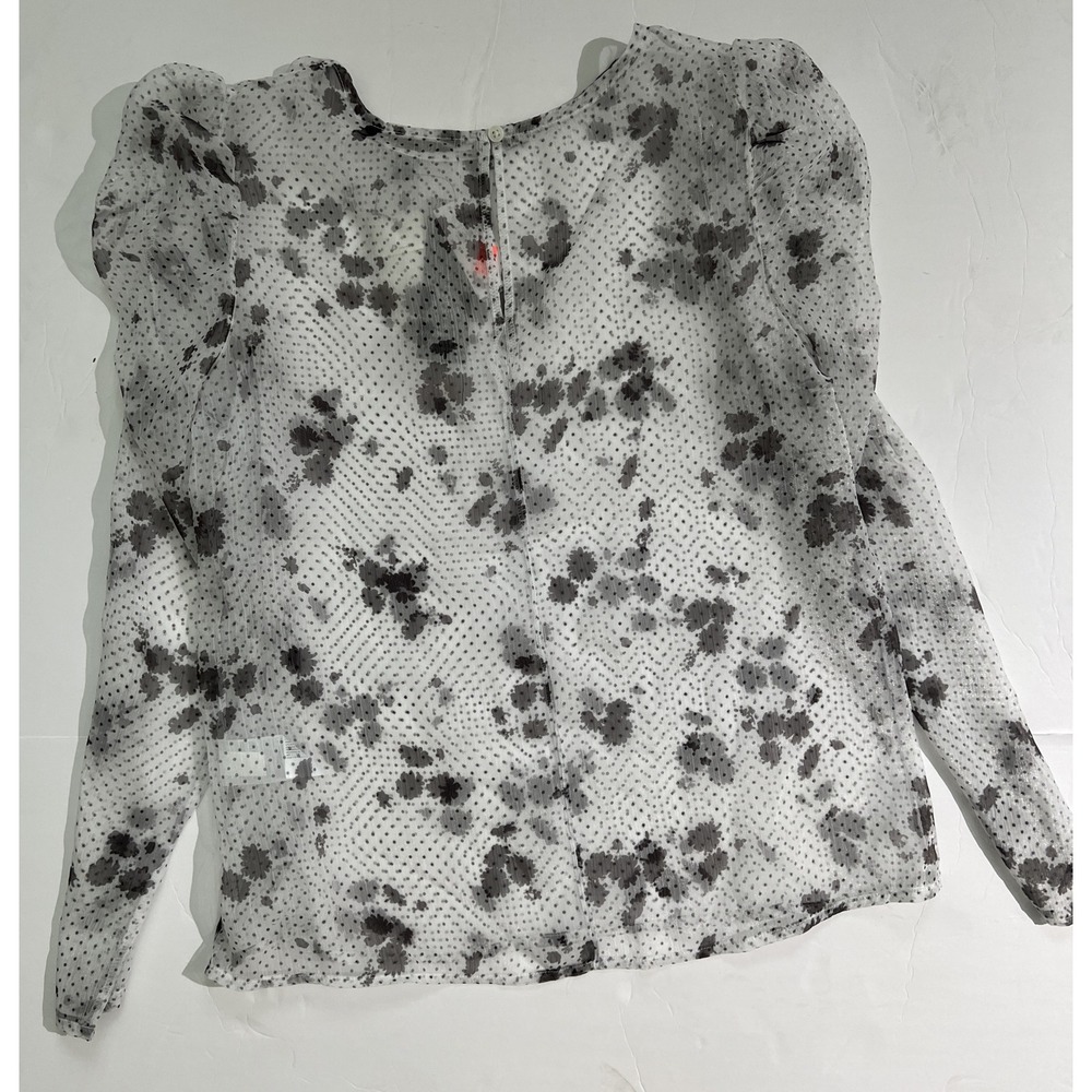 Banana Republic Blouse Size S Long Ruched Sleeve See Thur Black White Floral - Picture 10 of 10